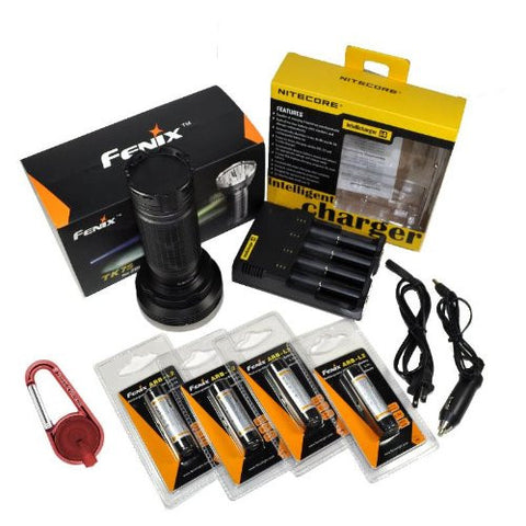 FENIX TK75 2600 Lumen Triple CREE XM-L U2 LED Flashlight/Searchlight with 4X Fenix ARB-L2 18650 2600mAh Li-ion rechargeable batteries, Nitecore i4 intelligent home/car Charger and Smith & Wesson LED Carabiner Clip Light package