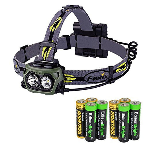 Fenix HP40H Army Green Color 450 Lumen LED dual color combination light Headlamp with four AA batteries and four EdisonBright AA Alkaline batteries