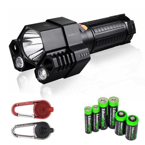 FENIX TK76 2800 Lumen Triple Beam CREE XM-L2 U2 LED Flashlight with Two Smith & Wesson LED CaraBeamer Clip Lights and EdisonBright battery sampler pack