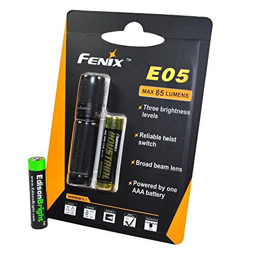 Fenix E05 black CREE XP-E2 85 Lumen LED keychain flashlight with EdisonBright AAA alkaline battery