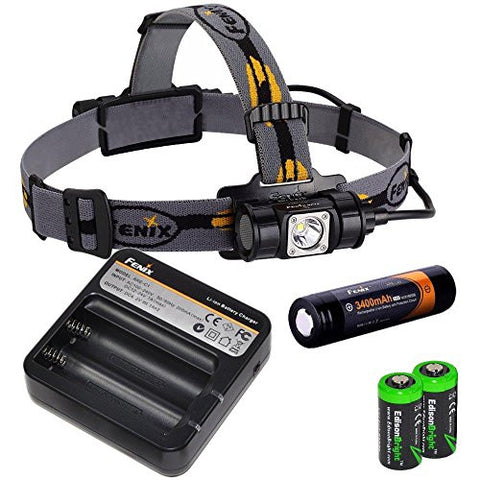 Fenix HP12 900 Lumen CREE XM-L2 LED Headlamp with Fenix ARE-C1 battery charger, Fenix 18650 3400mAh ARB-L2S rechargeable battery and two EdisonBright CR123A Lithium batteries bundle