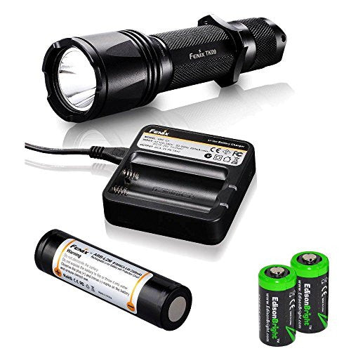 Fenix TK09 2016 900 Lumen Cree LED tactical flashlight with Fenix ARB-L2M battery, Fenix ARE-C1 Battery charger and Two EdisonBright CR123A Lithium batteries bundle