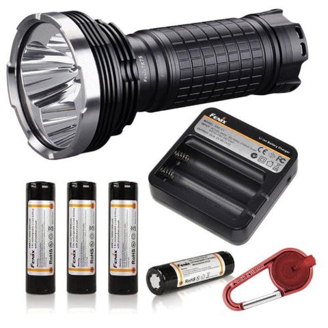 FENIX TK75 2600 Lumen Triple CREE XM-L U2 LED Flashlight with Four Genuine Fenix ARB-L2 18650 Batteries, Fenix ARE-C1 battery Charger and Red Smith & Wesson LED CaraBeamer Clip Light Package