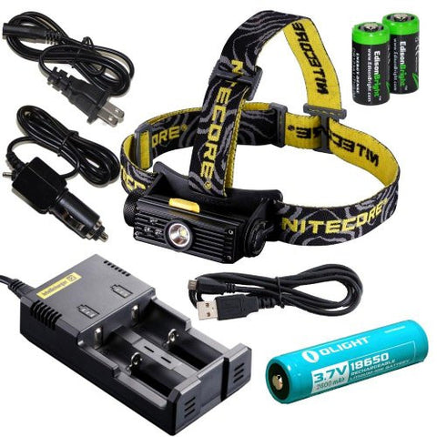Nitecore HC90 900 Lumen CREE XM-L2 T6 LED USB rechargeable headlamp with Genuine Olight 18650 Li-ion rechargeable battery,Nitecore i2 intelligent Charger, Car Charging Cable and Two EdisonBright CR123A Lithium Batteries