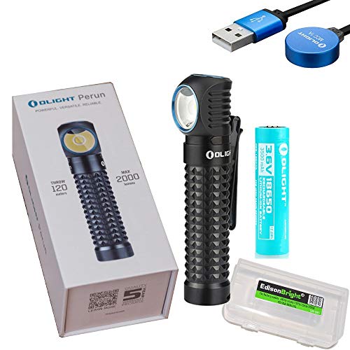 Olight Perun 2000 Lumens USB Rechargeable, Magnetic base right angled flashlight with battery and EdisonBright battery carrying case bundle