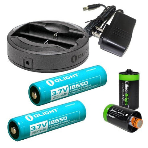 Olight Omni-Dok Universal Battery Charger For 18650 RCR123 AA AAA 16340 17670 14500 with AC adapter, Two Olight 18650 rechargeable Li-ion batteries with Two Edisonbright AA->D battery spacer shells