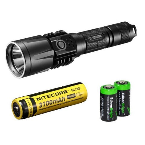 NITECORE P25 860 Lumens high intensity CREE XM-L U2 LED Tactical Flashlight (Black) with Nitecore NL188 rechargeable 18650 3100mAh Battery and 2 X EdisonBright CR123A Lithium Batteries Bundle