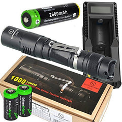 Sunwayman P25C 1000 Lumen CREE XM-L2 U2 LED long throw tactical flashlight with Niteocre UM10 USB charger, EdisonBright EBR26 2600mAh rechargeable 18650 Battery and 2 X EdisonBright CR123A Lithium Batteries Bundle