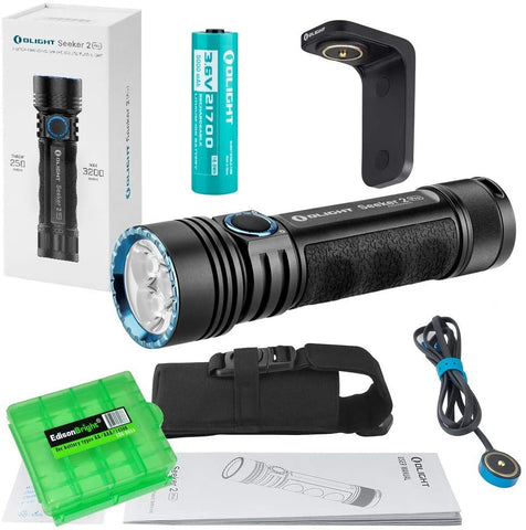 Olight Seeker 2 Pro USB Rechargeable 3200 Lumen LED Flashlight with Charging bracket, Olight Rechargeable Battery, and EdisonBright BBX4 cable carry case