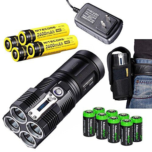 NITECORE Tiny Monster TM26 QuadRay 4000 Lumen 2015 version Quad CREE XM-L LED Flashlight / Searchlight with 4 X Nitecore NL186 2600mAh 18650 rechargeable batteries, 8 X EdisonBright CR123 Lithium Batteries bundle