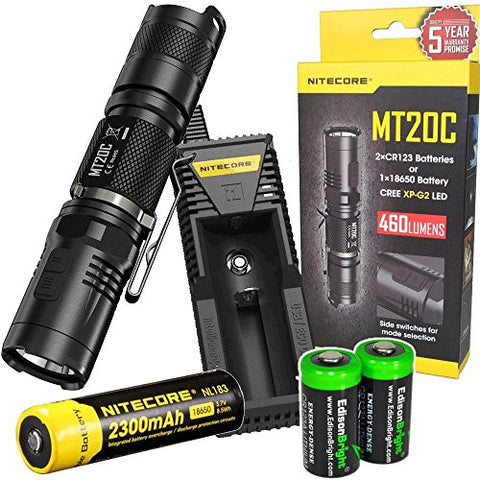 NITECORE MT20C 460 Lumens LED tactical flashlight with Niteocre i1 charger, Nitecore NL183 rechargeable 18650 Battery and 2 X EdisonBright CR123A Lithium Batteries Bundle