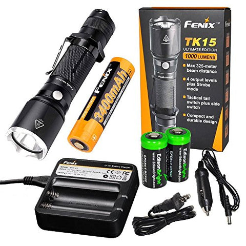 EdisonBright Fenix TK15UE 2016 CREE LED 1000 Lumen tactical Flashlight with Fenix 18650 3400mAh Li-ion rechargeable battery, Fenix ARE-C1 Home/car Charger and 2 X CR123A Lithium batteries package