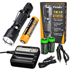 EdisonBright Fenix TK15UE 2016 CREE LED 1000 Lumen tactical Flashlight with Fenix 18650 3400mAh Li-ion rechargeable battery, Fenix ARE-C1 Home/car Charger and 2 X CR123A Lithium batteries package