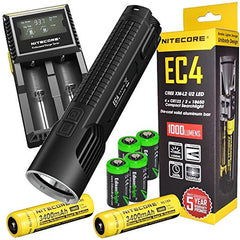 NITECORE EC4 1000 Lumen CREE XM-L2 LED tactical die-cast flashlight 2 X Genuine Nitecore NL189 18650 3400mAh Li-ion rechargeable batteries, Nitecore D2 intelligent digital Charger, in-Car Charging Cable and four EdisonBright CR123A Lithium Batteries