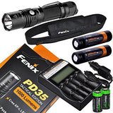 Fenix PD35 TAC Edition 1000 Lumen CREE XP-L LED Tactical Flashlight, Fenix ARE-C2 four bays Li-ion/ Ni-MH advanced universal home/car smart battery charger, Two Fenix 18650 ARB-L2S 3400mAh rechargeable batteries with Two EdisonBright CR123A Lithium