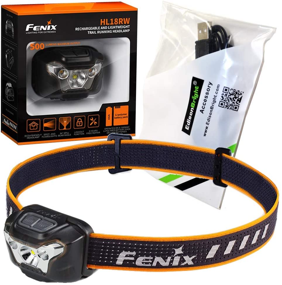 Fenix HL18RW USB Rechargeable 500 Lumen Flood/spot LED headlamp with EdisonBright USB Charging Cable