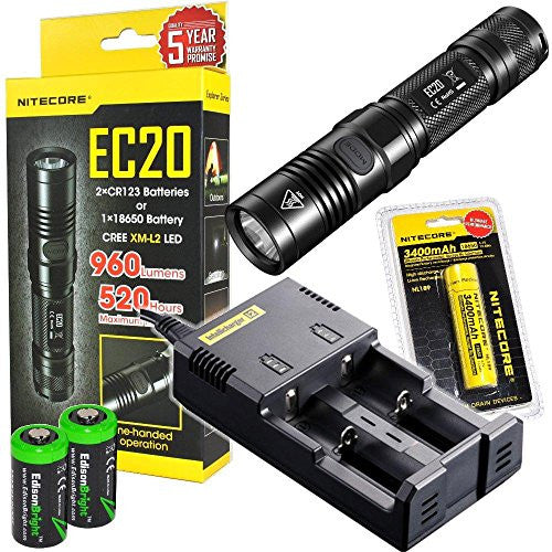 Nitecore EC20 960 Lumen CREE XM-L2 T6 LED Flashlight with Nitecore NL189 3400mAh rechargeable 18650 Battery, Nitecore i2 smart charger and 2 X EdisonBright CR123A Lithium Batteries Bundle