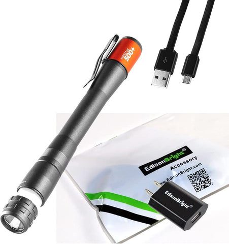 Nebo Inspector 500+ penlight LED Flashlight, 500 Lumen Rechargeable & Waterproof EDC Pocket Bundle with EdisonBright USB Wall Adapter