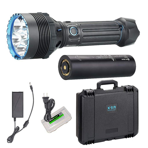 Olight X9R Marauder 25000 Lumen Six Cree XHP70.2 LED Rechargeable Flashlight/Search & rescue light in hard case with Rechargeable Battery Pack and EdisonBright 18650 battery case