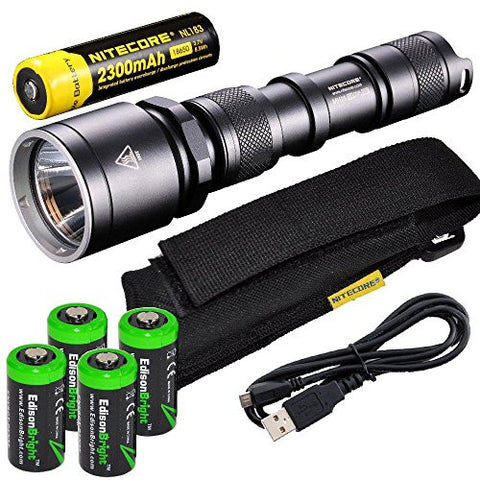 Nitecore MH25 CREE XM-L U2 LED 960 Lumen USB Rechargeable Flashlight, 18650 rechargeable Li-ion battery, USB charging cable and Holster with 4 X EdisonBright CR123A lithium Batteries
