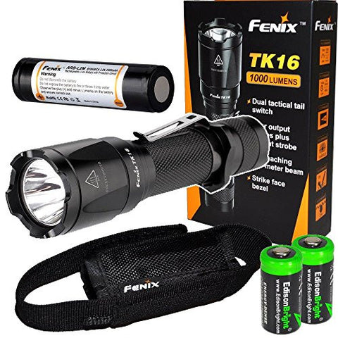 Fenix TK16 1000 Lumens Cree LED tactical Flashlight package with genuine Fenix ARB-L2M 18650 Li-ion rechargeable battery and 2X EdisonBright CR123A Lithium batteries