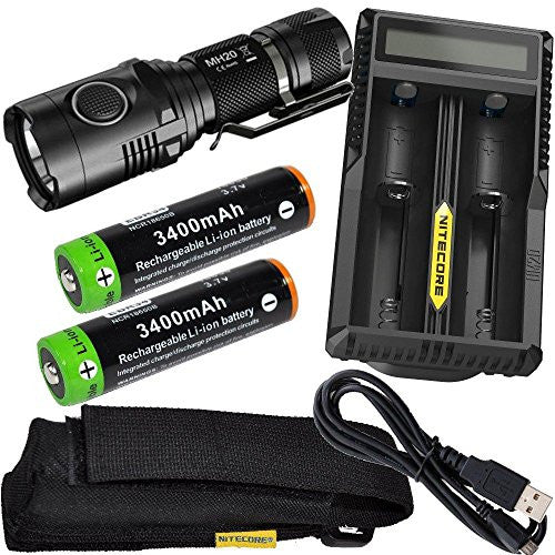 Nitecore MH20 CREE XM-L2 U2 LED 1000 Lumen USB Rechargeable Flashlight, 2 X EdisonBright EBR34 18650 3400mAh rechargeable Li-ion batteries, Nitecore UM20 USB charger bundle