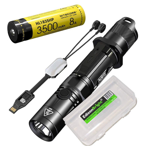 NITECORE P12GTS 1800 Lumen high Intensity CREE LED tactical flashlight, rechargeable battery, charger with EdisonBright BBX3 battery case bundle