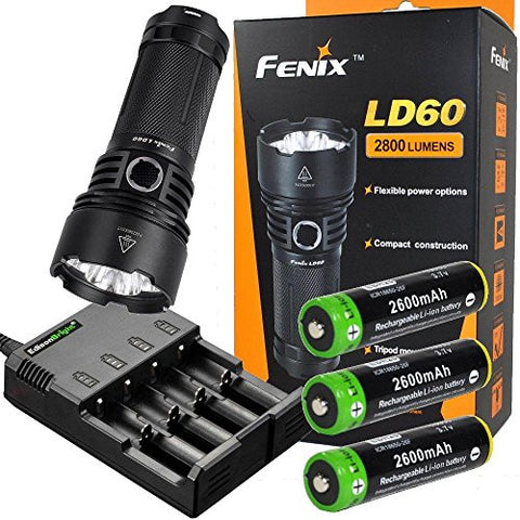 Fenix LD60 2800 Lumen triple CREE XM-L2 (U2) LED Flashlight with EdisonBright 4 slot smart battery charger and 3 X EdisonBright EBR26 18650 rechargeable batteries bundle
