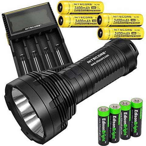 Nitecore TM16 4000 Lumen CREE LED Tiny Monster Flashlight, D4 smart charger, 4 X Nitecore NL189 18650 3400mAh Li-ion batteries and S&W flashlight, w/4 x EdisonBright AA alkaline batteries bundle