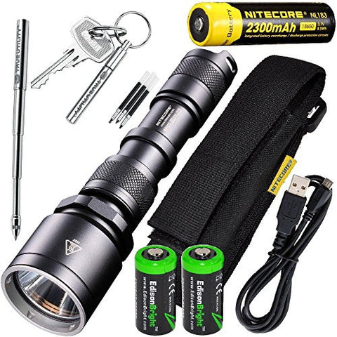 Nitecore MH25 CREE XM-L U2 LED 960 Lumen USB Rechargeable Flashlight, 18650 rechargeable Li-ion battery, True Utility TU246 telescopic keychain pen, standard USB charging cable and Holster with 2 X EdisonBright CR123A lithium Batteries