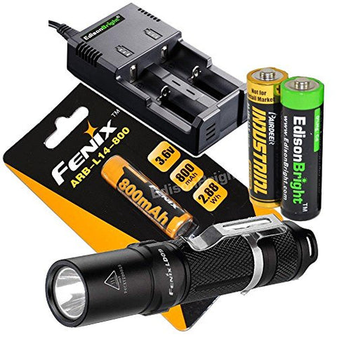 Fenix LD09 2015 220 Lumen LED tactical flashlight with ARB-L14 type 14500 rechargeable li-ion battery, smart charger and EdisonBright AA Alkaline battery bundle