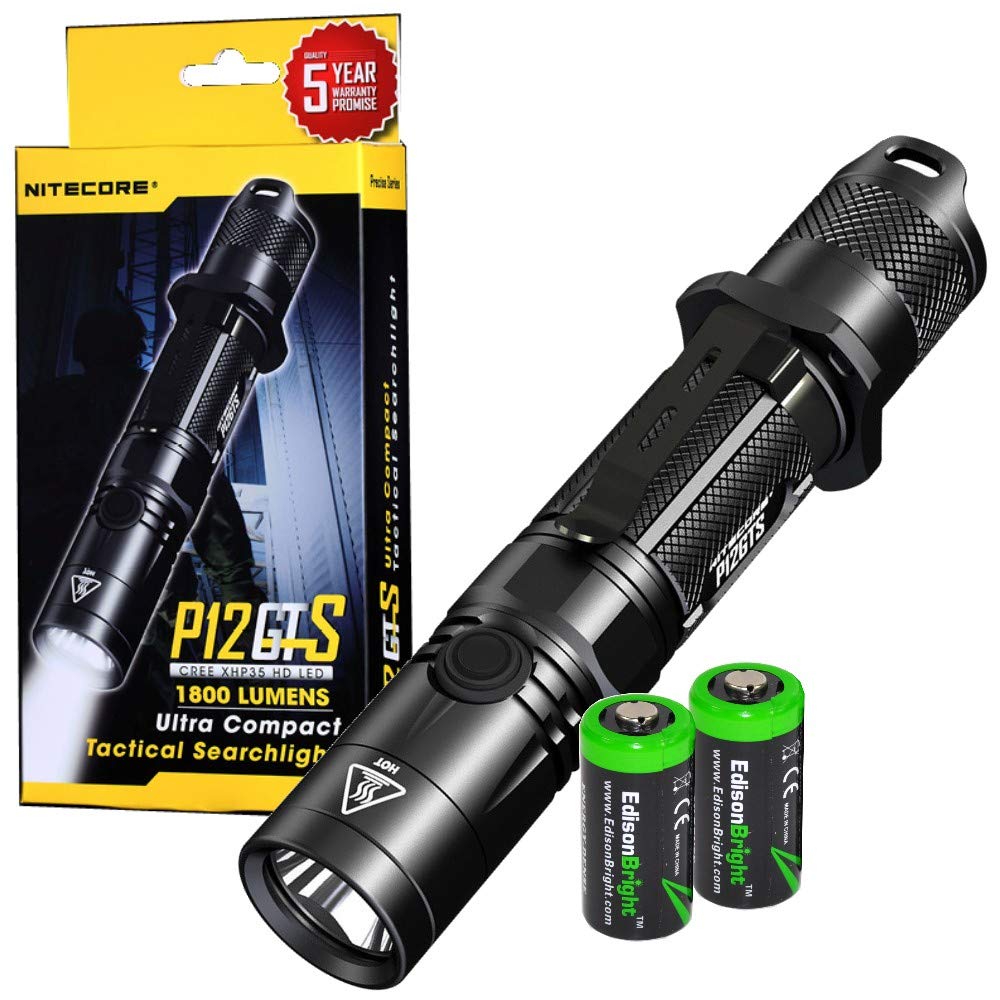 NITECORE P12GTS 1800 Lumen high Intensity CREE LED tactical flashlight with 2 X EdisonBright CR123A Lithium Batteries bundle