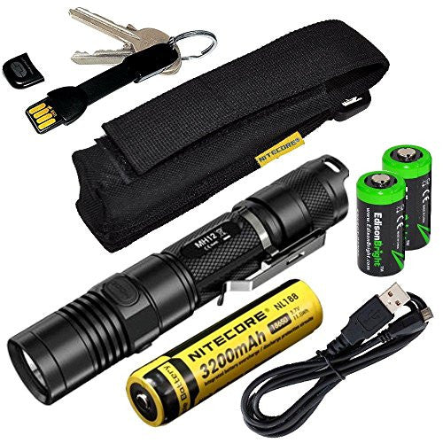 Nitecore MH12 CREE XM-L2 U2 LED 1000 Lumen USB Rechargeable Flashlight, 18650 rechargeable Li-ion battery, True Utility TU290B Keychain charger cord, standard USB charging cable and Holster with 2 X EdisonBright CR123A lithium Batteries