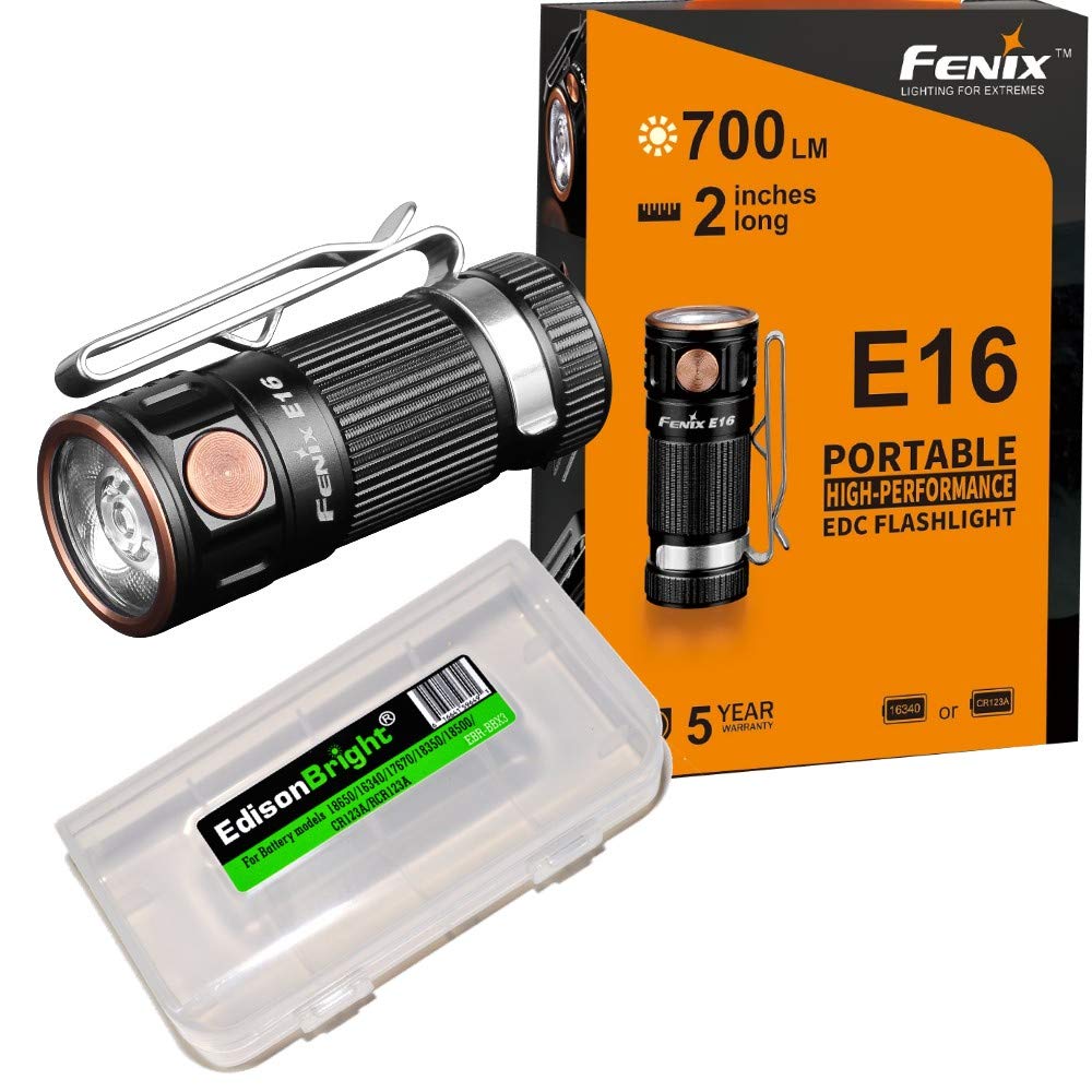 Fenix E16 700 Lumen CREE neutral white LED EDC/keychain Flashlight EdisonBright BBX3 battery carry case bundle