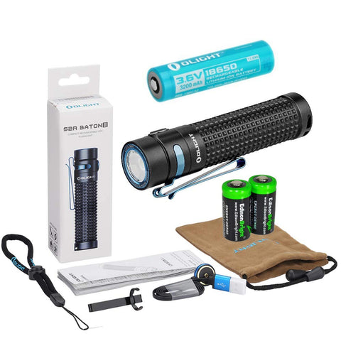 Olight S2R II rechargeable 1150 Lumens LED Flashlight EDC with Li-ion battery, flex magnetic USB charging cable and 2 X EdisonBright CR123A Lithium back-up Batteries bundle