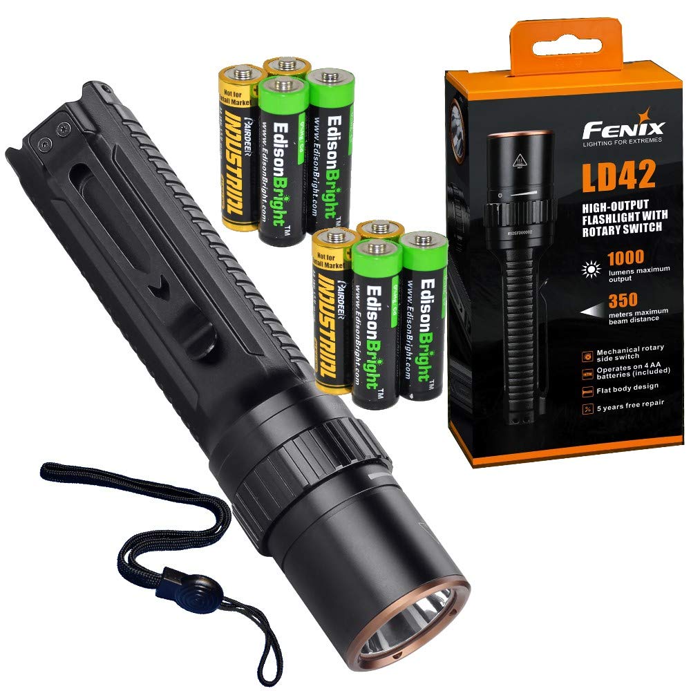 Fenix LD42 1000 lumen AA battery powered rotary controller LED flashlight with 4 X EdisonBright AA batteries bundle