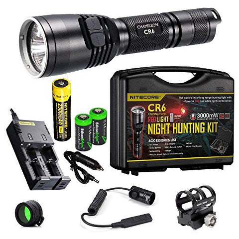 Nitecore Chameleon CR6 440 Lumens white / Red Dual Beam LED Flashlight Night Hunting Kit w/i2 smart charger, 18650 rechargeable battery, red filter, GM02 weapon rail mount, Green filter, 2X EdisonBright CR123A lithium Batteries and Holster
