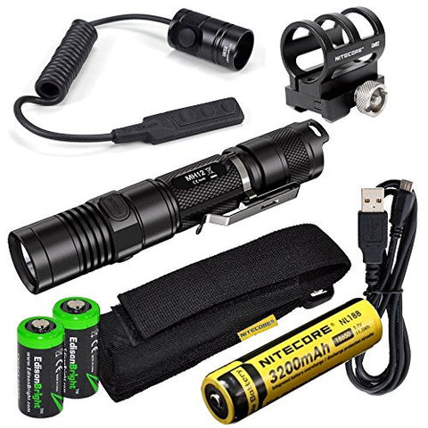 Nitecore MH12 1000 Lumens high intensity CREE XM-L2 LED long throw tactical flashlight, 18650 rechargeable Li-ion battery, USB charging cable, Holster, RSW1 Pressure Switch and GM02 Weapon Mount with 2X EdisonBright CR123A Lithium Batteries bundle