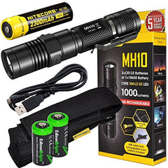 Nitecore MH10 CREE XM-L2 U2 LED 1000 Lumen USB Rechargeable Flashlight, 18650 rechargeable Li-ion battery, USB charging cable and Holster with 2 X EdisonBright CR123A lithium Batteries