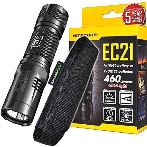 NITECORE EC21 460 Lumens CREE LED compact flashlight with secondary Red LED with high quality EdisonBright holster