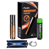 Fenix 15th Anniversary Special Edition rose gold plated 85 Lumen LED flashlight, Fenix UC01 rechargeable keychain light with EdisonBright AAA alkaline battery