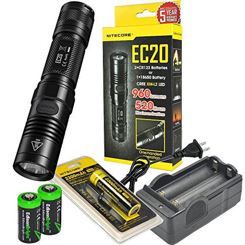 Nitecore EC20 960 Lumen CREE XM-L2 T6 LED Flashlight with Nitecore NL183 rechargeable 18650 Battery, charger and 2 X EdisonBright CR123A Lithium Batteries Bundle