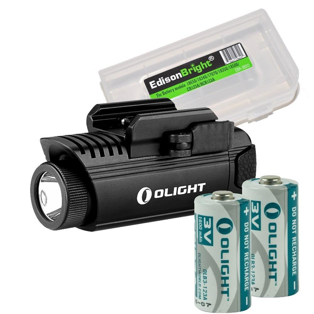 EdisonBright Bundle: Olight PL1 II Valkyrie 450 lumen LED weapon mounted light with 2 X Olight CR123 lithium batteries and battery carry case