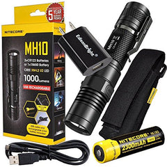 Nitecore MH10 CREE XM-L2 U2 LED 1000 Lumen USB Rechargeable Flashlight, 18650 rechargeable Li-ion battery, USB charging cable and Holster with EdisonBright USB power adapter