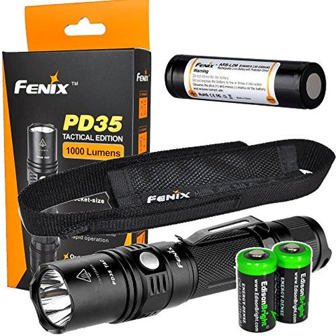 Fenix PD35 2015 TAC 1000 Lumen CREE LED Tactical Flashlight, Fenix ARB-L2M 18650 Li-ion rechargeable battery and holster with Two EdisonBright CR123A Lithium Batteries