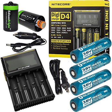 Nitecore D4 Digicharge universal home/in-car battery charger, Four Olight 18650 3400mAH rechargeable batteries with 2 X EdisonBright AA to D type battery spacer/converters