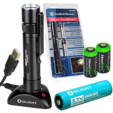 Olight S20R Baton rechargeable XM-L2 550 Lumens LED Flashlight with Smith & Wesson PathMarker LED Flashlight bundle, type 18650 Li-ion battery, charging base with two EdisonBright CR123A Lithium back-up batteries bundle