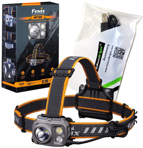 Fenix HP16R 1700 lumen dual white beam & red LED Headlamp, rechargeable battery with EdisonBright USB type-C charging cable
