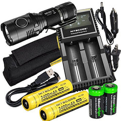 Nitecore MH20 CREE XM-L2 U2 LED 1000 Lumen USB Rechargeable Flashlight, 2 X Nitecore NL189 18650 3400mAh rechargeable Li-ion batteries, Nitecore D2 digital charger and 2 X EdisonBright CR123A lithium Batteries bundle