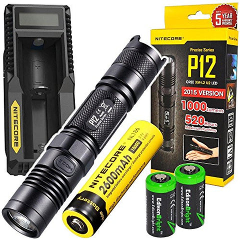 NITECORE P12 2015 version 1000 Lumens high intensity CREE XM-L2 LED long throw tactical flashlight with Niteocre UM10 USB charger, Nitecore NL186 2600mAh rechargeable 18650 Battery and 2 X EdisonBright CR123A Lithium Batteries Bundle